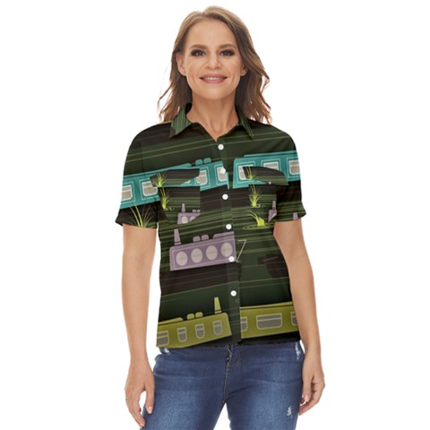 Narrow-boats-scene-pattern Women s Short Sleeve Double Pocket Shirt by Cowasu