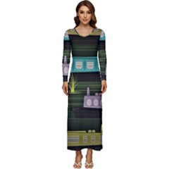 Narrow-boats-scene-pattern Long Sleeve Longline Maxi Dress by Cowasu