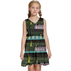 Narrow-boats-scene-pattern Kids  Sleeveless Tiered Mini Dress by Cowasu