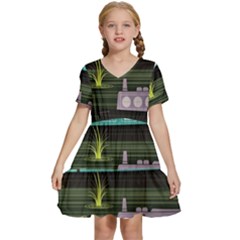 Narrow-boats-scene-pattern Kids  Short Sleeve Tiered Mini Dress by Cowasu