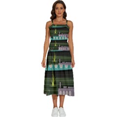 Narrow-boats-scene-pattern Sleeveless Shoulder Straps Boho Dress by Cowasu