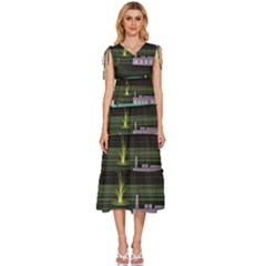 Narrow-boats-scene-pattern V-neck Drawstring Shoulder Sleeveless Maxi Dress