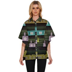 Narrow-boats-scene-pattern Women s Batwing Button Up Shirt