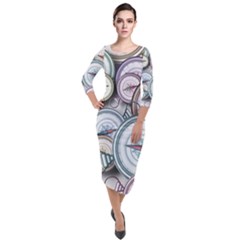 Compass-direction-north-south-east Quarter Sleeve Midi Velour Bodycon Dress by Cowasu