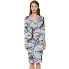 Compass-direction-north-south-east Long Sleeve V-neck Bodycon Dress  by Cowasu