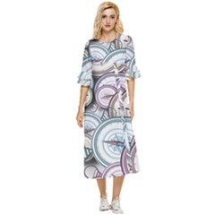 Compass-direction-north-south-east Double Cuff Midi Dress by Cowasu