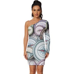 Compass-direction-north-south-east Long Sleeve One Shoulder Mini Dress by Cowasu