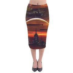 Science-fiction-digital-illustration Velvet Midi Pencil Skirt by Cowasu