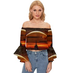 Science-fiction-digital-illustration Off Shoulder Flutter Bell Sleeve Top