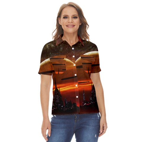 Science-fiction-digital-illustration Women s Short Sleeve Double Pocket Shirt by Cowasu