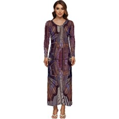 Abstract-design-backdrop-pattern Long Sleeve Longline Maxi Dress by Cowasu