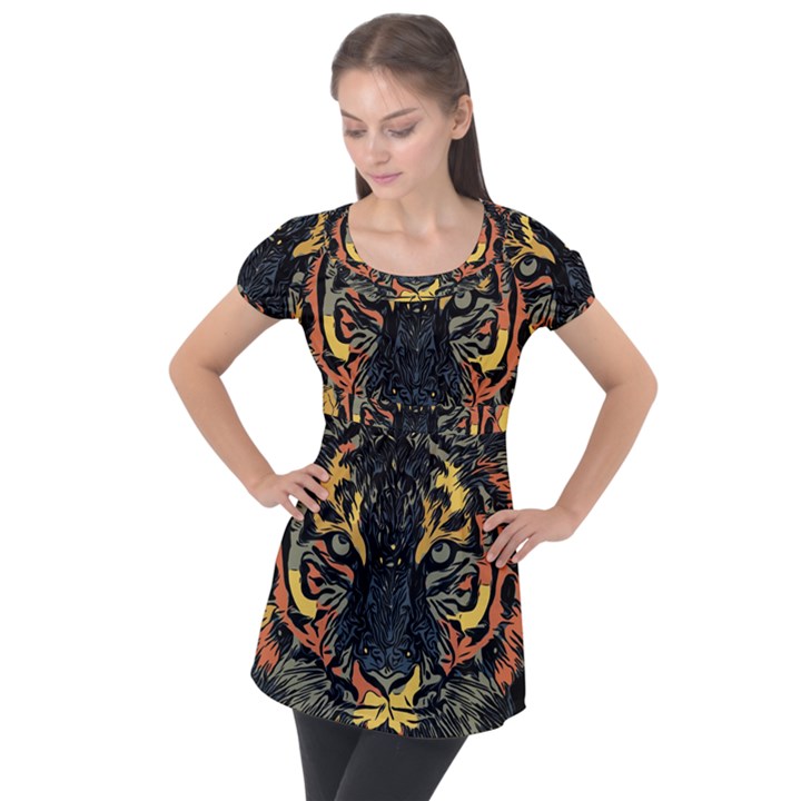 Tiger-predator-abstract-feline Puff Sleeve Tunic Top