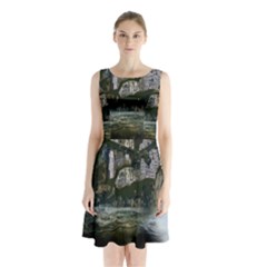 Sea-island-castle-landscape Sleeveless Waist Tie Chiffon Dress by Cowasu