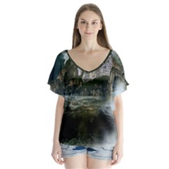 Sea-island-castle-landscape V-neck Flutter Sleeve Top by Cowasu