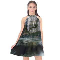 Sea-island-castle-landscape Halter Neckline Chiffon Dress  by Cowasu