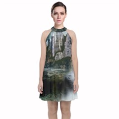 Sea-island-castle-landscape Velvet Halter Neckline Dress 