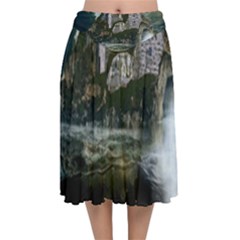 Sea-island-castle-landscape Velvet Flared Midi Skirt by Cowasu