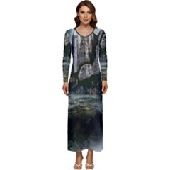 Sea-island-castle-landscape Long Sleeve Longline Maxi Dress by Cowasu