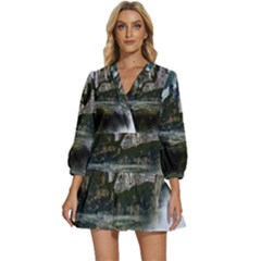 Sea-island-castle-landscape V-neck Placket Mini Dress by Cowasu