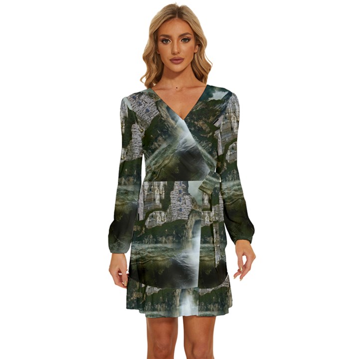 Sea-island-castle-landscape Long Sleeve Waist Tie Ruffle Velvet Dress