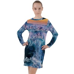 Sea-waves-ocean-water-beach-surf Long Sleeve Hoodie Dress by Cowasu