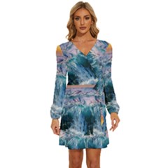 Sea-waves-ocean-water-beach-surf Long Sleeve Waist Tie Ruffle Velvet Dress by Cowasu