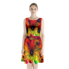 Color-background-structure-lines Sleeveless Waist Tie Chiffon Dress by Cowasu