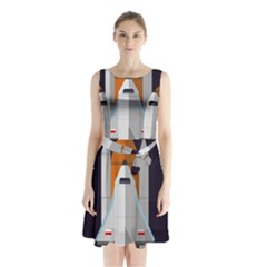 Rocket-space-universe-spaceship Sleeveless Waist Tie Chiffon Dress by Cowasu