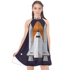 Rocket-space-universe-spaceship Halter Neckline Chiffon Dress  by Cowasu