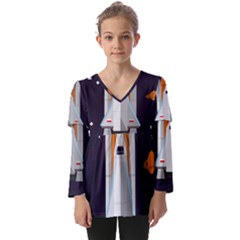 Rocket-space-universe-spaceship Kids  V Neck Casual Top by Cowasu