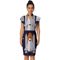 Rocket-space-universe-spaceship Vintage Frill Sleeve V-neck Bodycon Dress by Cowasu