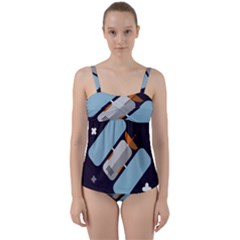 Satellite-machine-space-dark Twist Front Tankini Set by Cowasu