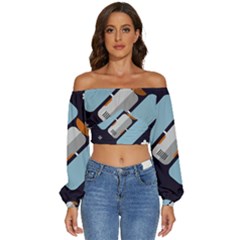 Satellite-machine-space-dark Long Sleeve Crinkled Weave Crop Top by Cowasu