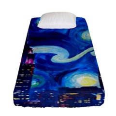 Starry Night In New York Van Gogh Manhattan Chrysler Building And Empire State Building Fitted Sheet (single Size) by Sarkoni