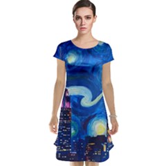 Starry Night In New York Van Gogh Manhattan Chrysler Building And Empire State Building Cap Sleeve Nightdress by Sarkoni