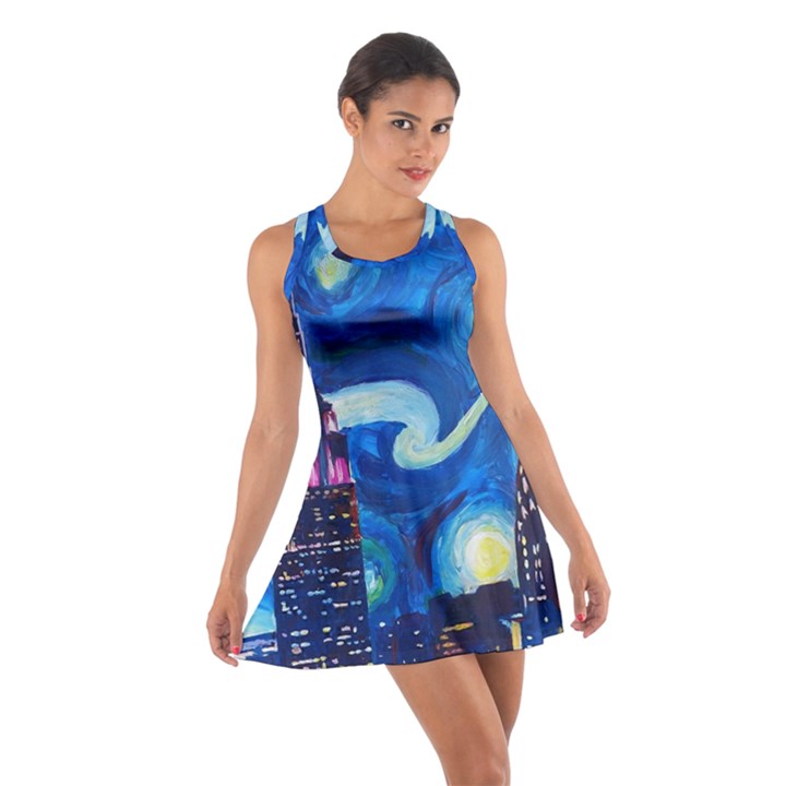 Starry Night In New York Van Gogh Manhattan Chrysler Building And Empire State Building Cotton Racerback Dress