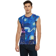 Starry Night In New York Van Gogh Manhattan Chrysler Building And Empire State Building Men s Raglan Cap Sleeve T-shirt by Sarkoni