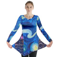 Starry Night In New York Van Gogh Manhattan Chrysler Building And Empire State Building Long Sleeve Tunic  by Sarkoni