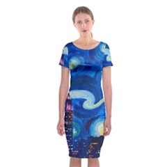 Starry Night In New York Van Gogh Manhattan Chrysler Building And Empire State Building Classic Short Sleeve Midi Dress by Sarkoni