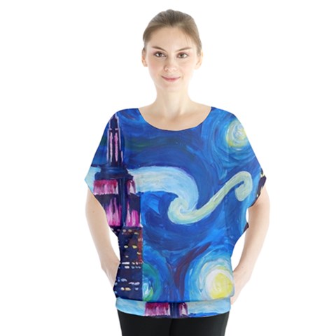 Starry Night In New York Van Gogh Manhattan Chrysler Building And Empire State Building Batwing Chiffon Blouse by Sarkoni