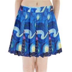 Starry Night In New York Van Gogh Manhattan Chrysler Building And Empire State Building Pleated Mini Skirt by Sarkoni