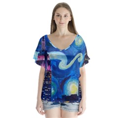 Starry Night In New York Van Gogh Manhattan Chrysler Building And Empire State Building V-neck Flutter Sleeve Top by Sarkoni