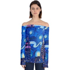 Starry Night In New York Van Gogh Manhattan Chrysler Building And Empire State Building Off Shoulder Long Sleeve Top by Sarkoni