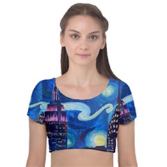 Starry Night In New York Van Gogh Manhattan Chrysler Building And Empire State Building Velvet Short Sleeve Crop Top  by Sarkoni