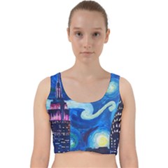 Starry Night In New York Van Gogh Manhattan Chrysler Building And Empire State Building Velvet Racer Back Crop Top by Sarkoni