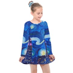 Starry Night In New York Van Gogh Manhattan Chrysler Building And Empire State Building Kids  Long Sleeve Dress by Sarkoni