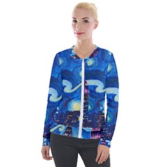 Starry Night In New York Van Gogh Manhattan Chrysler Building And Empire State Building Velvet Zip Up Jacket