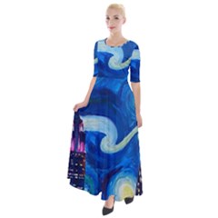 Starry Night In New York Van Gogh Manhattan Chrysler Building And Empire State Building Half Sleeves Maxi Dress by Sarkoni