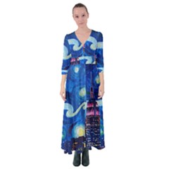 Starry Night In New York Van Gogh Manhattan Chrysler Building And Empire State Building Button Up Maxi Dress by Sarkoni