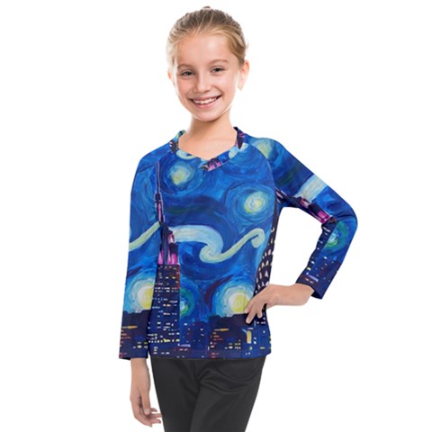 Starry Night In New York Van Gogh Manhattan Chrysler Building And Empire State Building Kids  Long Mesh T-shirt by Sarkoni